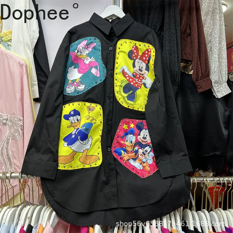 

Fashion Autumn Long Sleeve Female Blouses Age Reduction Cute Cartoon Loose Cardigans Top Mid-long Single-breasted Casual Shirts