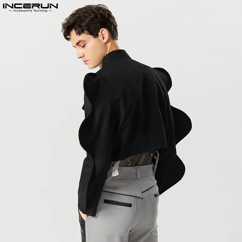 2023 Men Jackets Solid Stand Collar Petal Long Sleeve Thin Outerwear Streetwear Single Breasted Fashion Male Crop Coats INCERUN