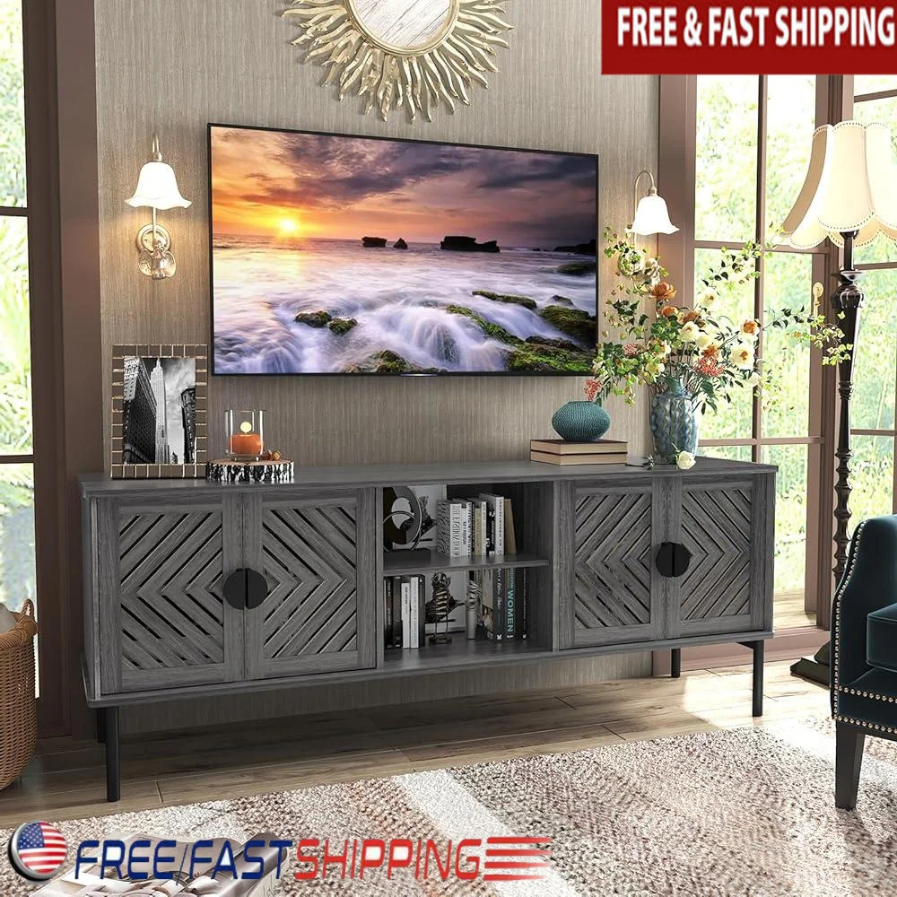 Modern TV Stand Entertainment Center with Storage Adjustable Shelves Media Console Cabinet Living Room Organization Cable