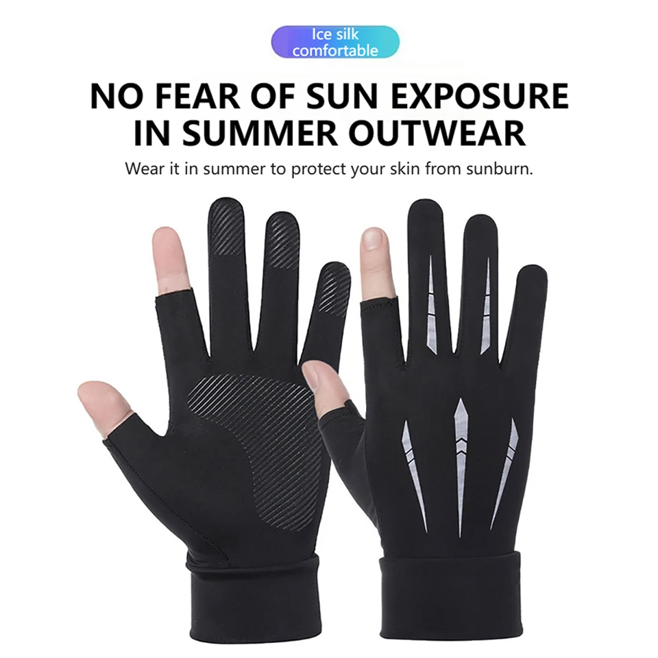 KoKossi Summer Men's Lightweight Two Finger Ice Silk Gloves Sunscreen Touch Screen Driving Fishing Cycling Breathable Non-slip