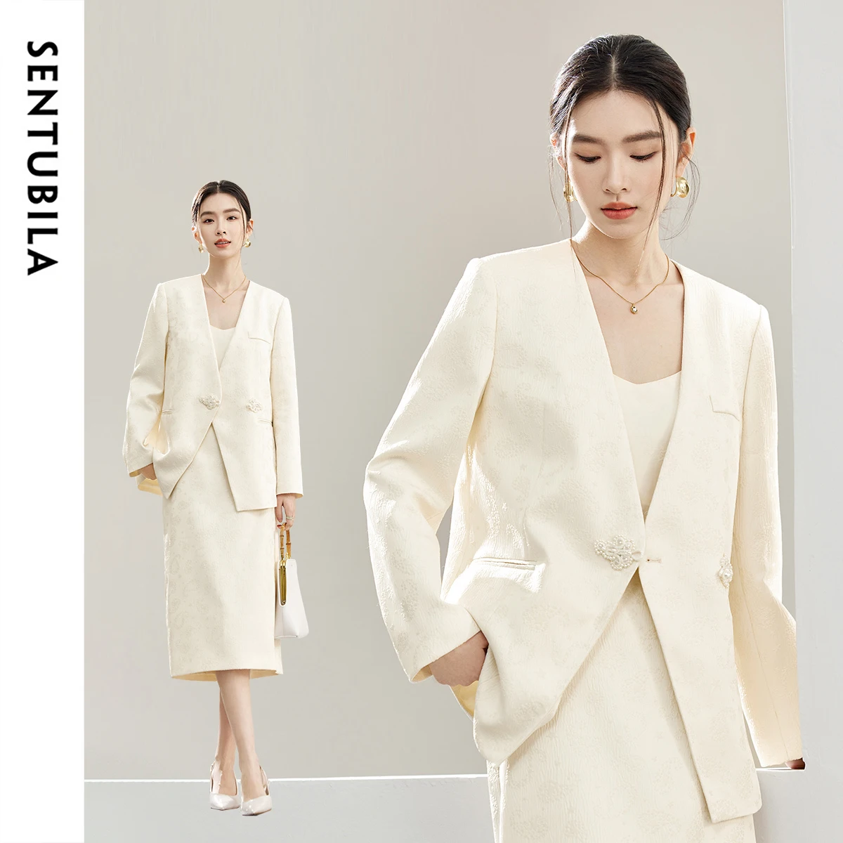 

SENTUBILA Элегантный жаккардовый пиджак и юбка, комплект из 2 предметов, женский наряд 2025 года, китайский пиджак на пуговицах с v-образным вырезом, костюм с юбкой 141Z53315