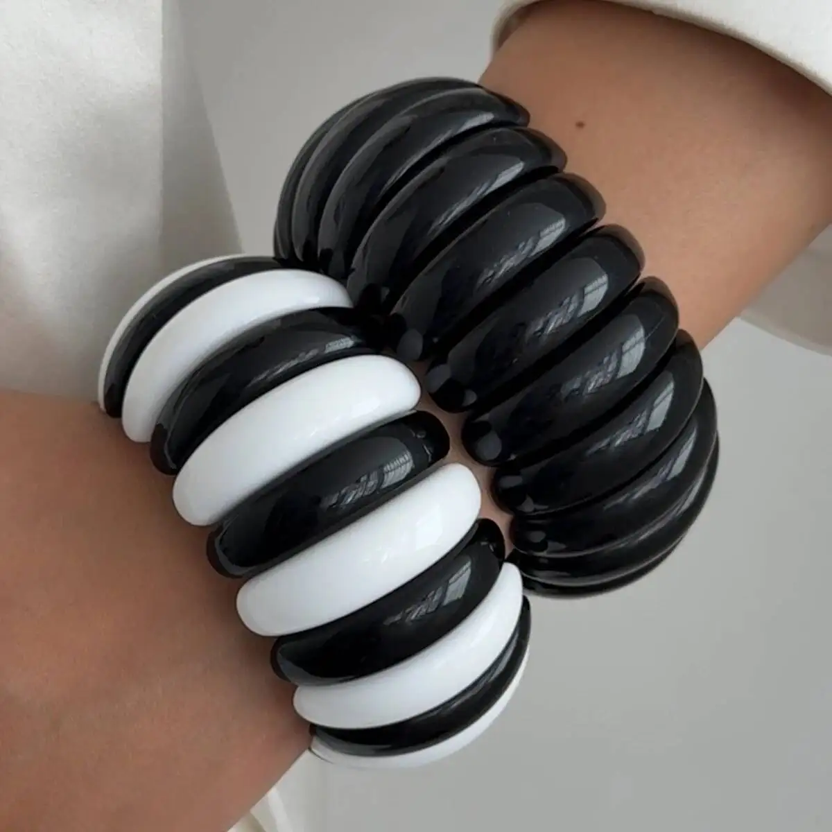 KunJoe Minimalist Black White Thick Acrylic Bracelet for Women Punk Irregular Beaded Resin Wide Bracelet Party Elastic Bangle