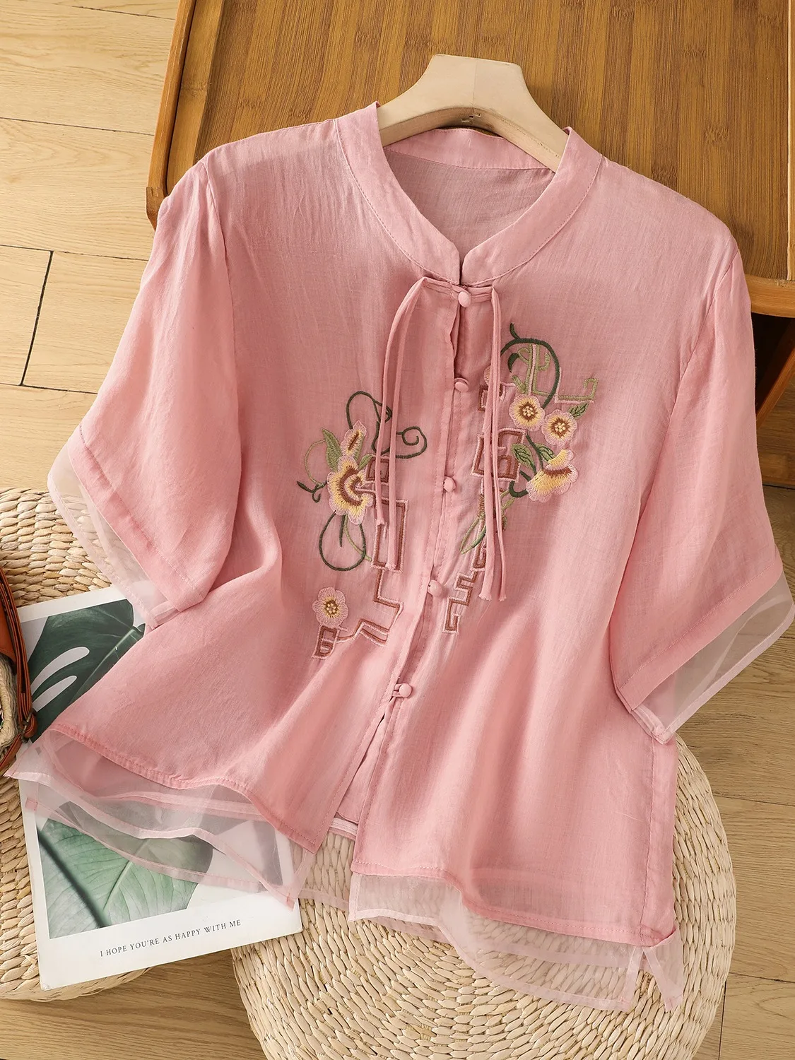 Ele bordado algodón lino irt mujer verano Faionable mamá Stand Collar blusa chino Sle abotonada Svel