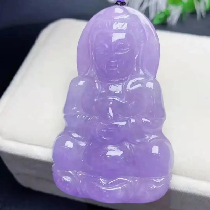 Myanmar Grade A Jadeite Purple Jade Guanyin Pendant With Rope Chain Burma Jade Guan Yin Buddha Statue Charms Necklace Men Women