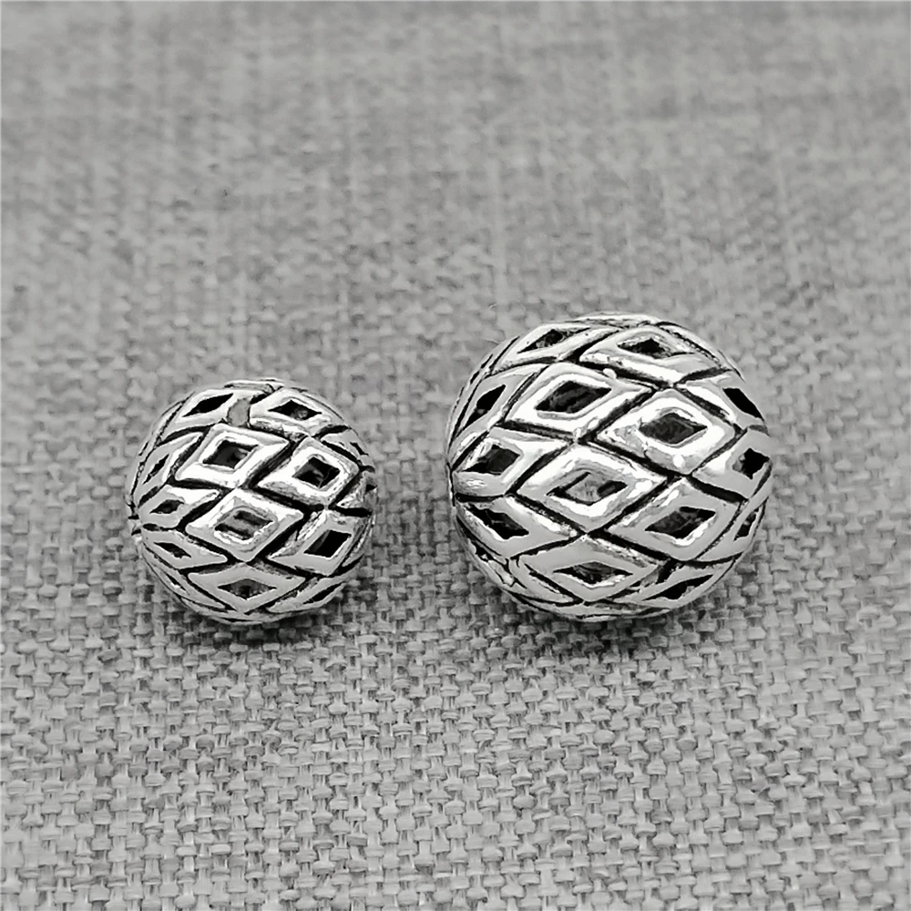 4pcs of 925 Sterling Silver Hollow Checkered Round Beads for Bracelet Necklace 8mm 10mm