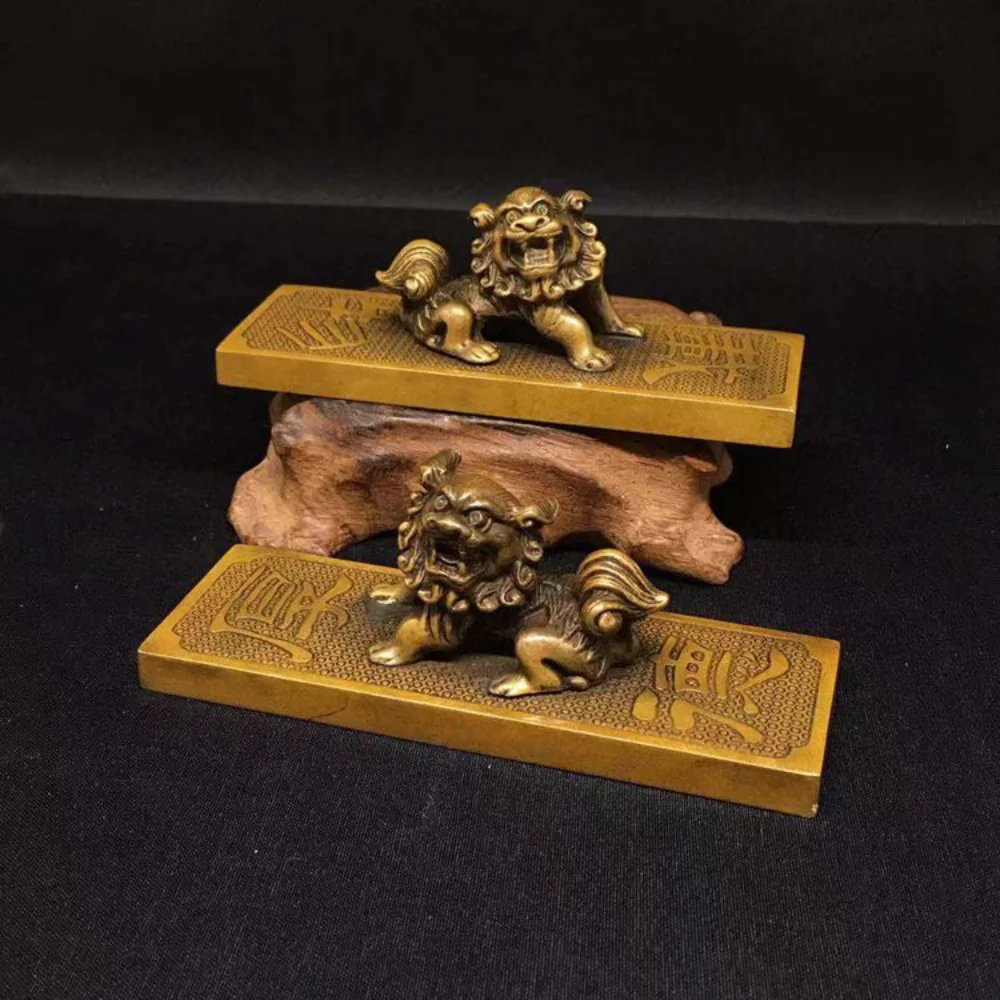 Chinese Old Pure Brass Lion Paperweight Set Pair Calligraphy Desk Accessory Ancient Style Scholar Studio Decor Gift