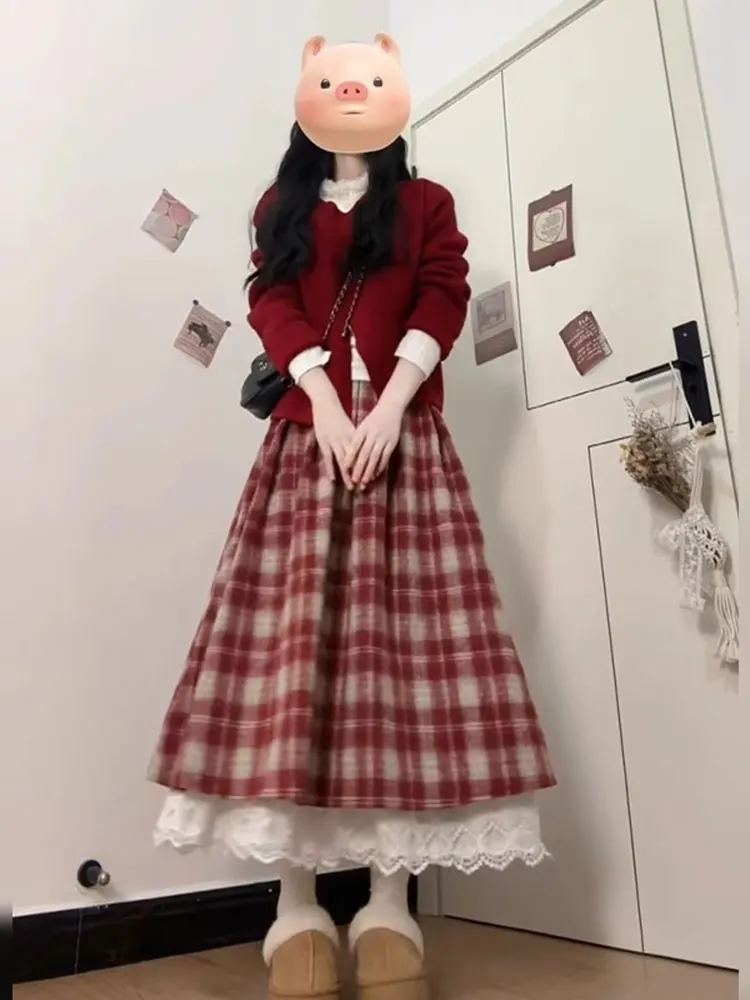 

plus Size Women's Red Sweater And Midi Skirt Set Pear Shape Body Design Casual High Waist A-Line Skirt Comfortable Fit Two-Pi...