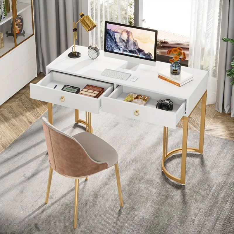 47-inch computer desk with 2 drawers, modern and simple white dresser, heavy-duty gold metal frame handle for bedroom.