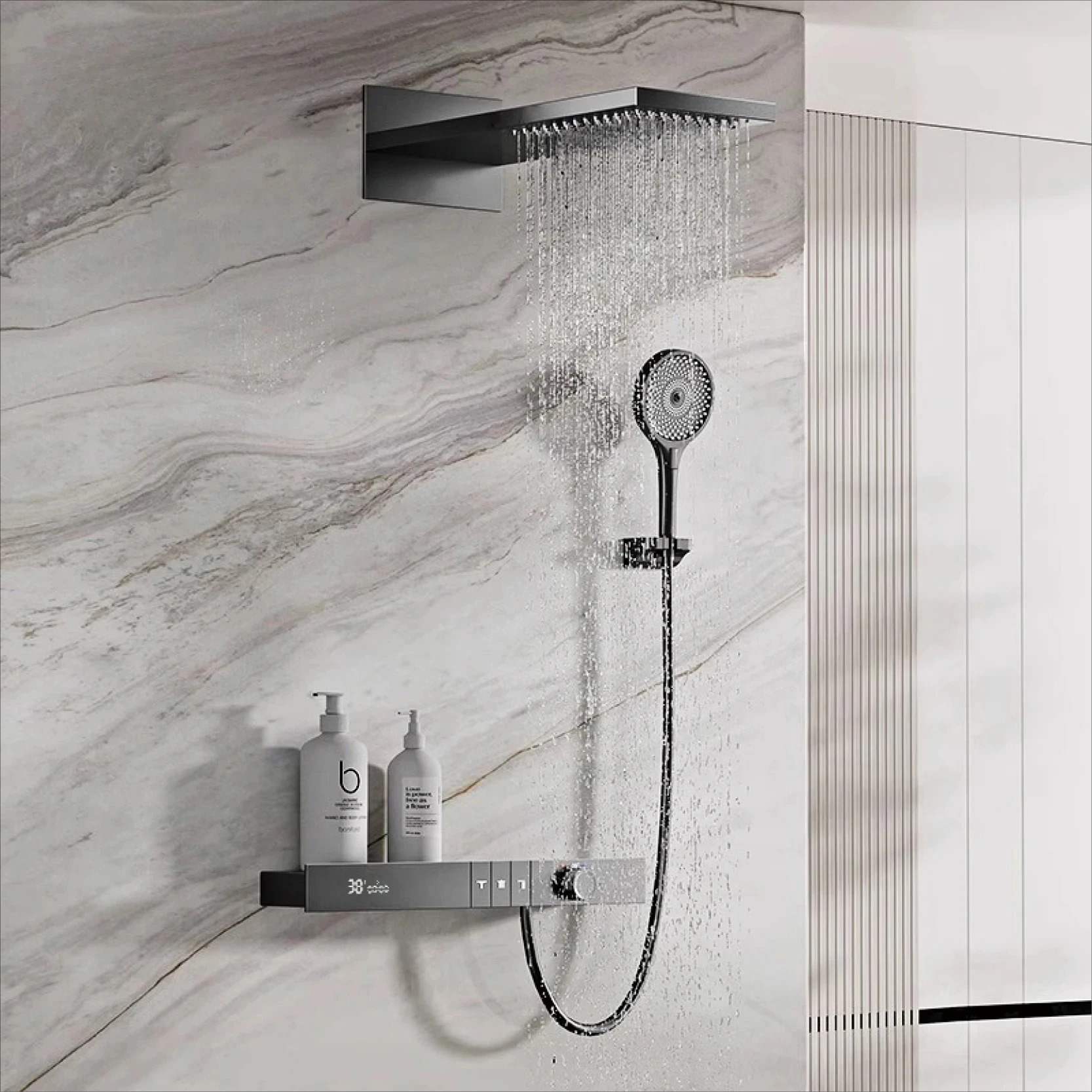 

Gun Grey Brass Wall-Mounted Rainfall Shower Set，LED Display With Waterfall Outlet Anti-Scald In wall style Bathroom Faucet