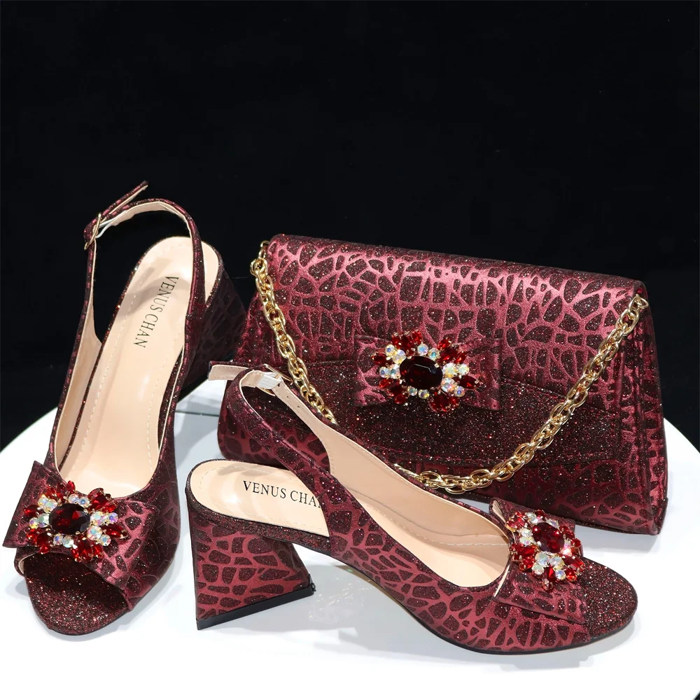 Doershow High Quality African Style Ladies Shoes And Bags Set Latest wine Italian Shoes And Bag Set For Party  HRE1-5