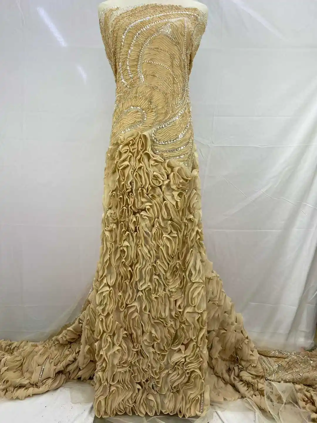 

African Beaded Pearls Lace Fabric Embroidery French Sequins Lace Fabric Nigerian Tulle Laces Sequence Lace For Sewing