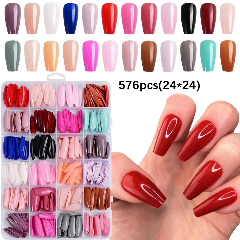 

576Pcs Medium Ballerina Fake Nails Colorful Soft Gel Nail Waterproof Faux Coffin False Nails Press on Nails Tips DIY
