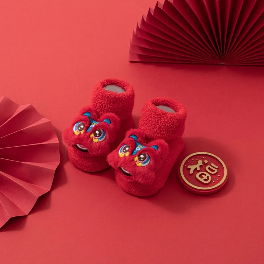 

Детские носки Fortune Cat, китайские новогодние носки, противоскользящие детские хлопковые носки с кроликом и львом, дышащие чулочно-носочные изделия с замком для дома