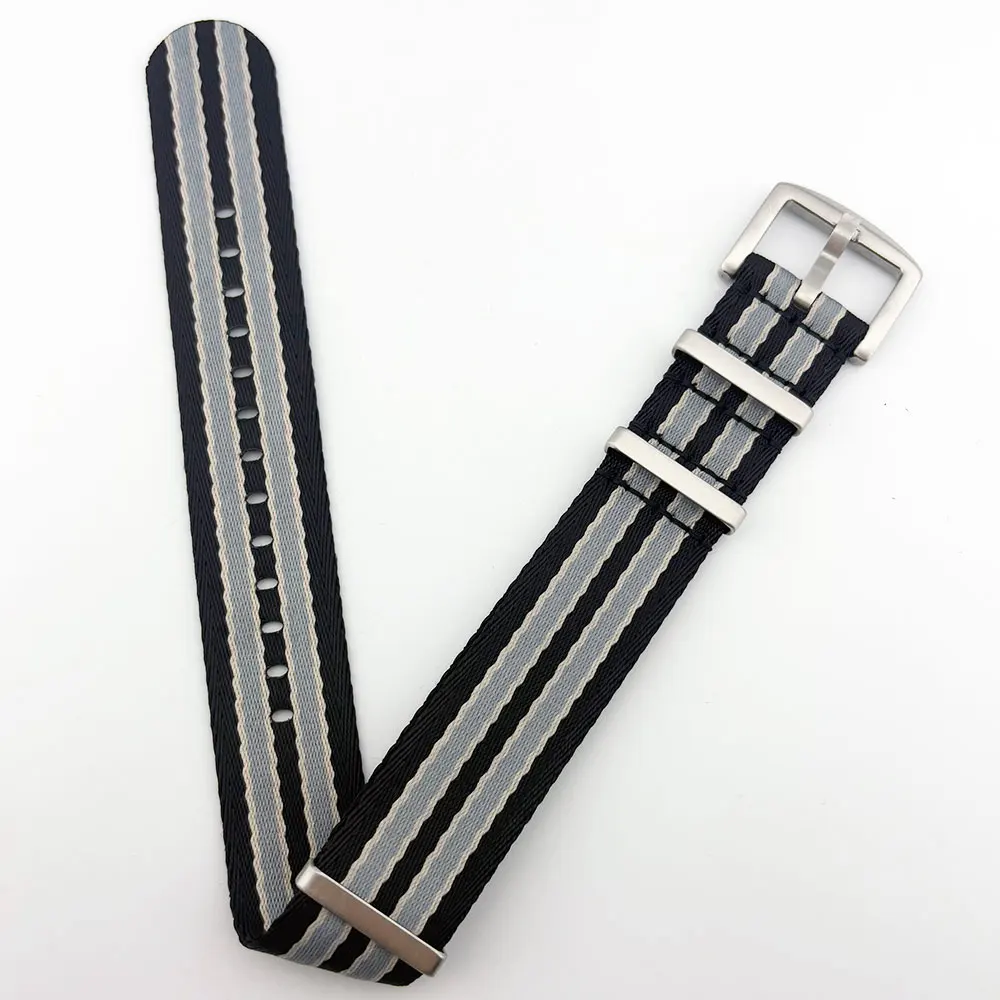 High quality 22mm black connected gray nylon strap military woven strap silver buckle