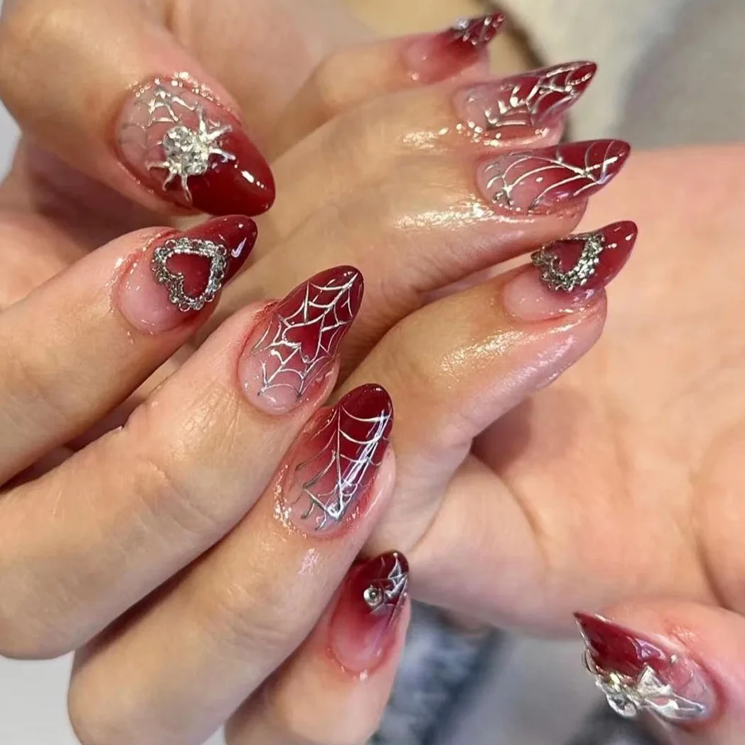 

Halloween Silver Love Spider Cobweb White Rhinestones Heart Red Gradient Almond Fake Nails Art False Nails Charms Press on Nails