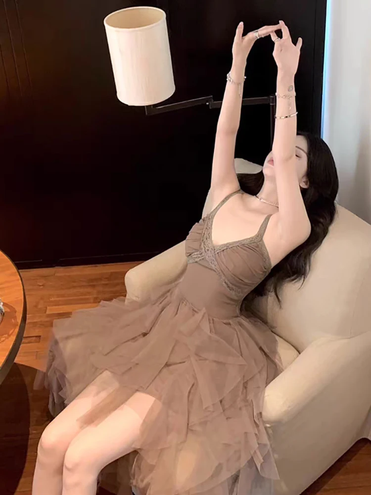 RORORIRI Desire V-neck Lace Stitch Mesh Tank Dress Women Asymmetric Ruffle Puffy Trailing Princess Dress Birthday Party Clothes