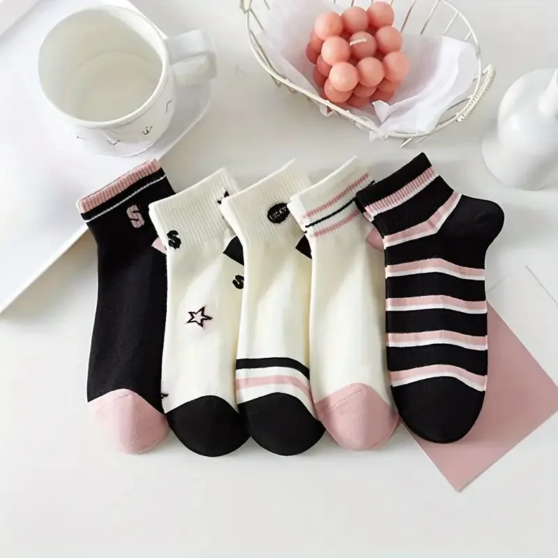 5 Pairs Star & Striped Socks, College Style Short Socks, Women's Stockings & Hosiery