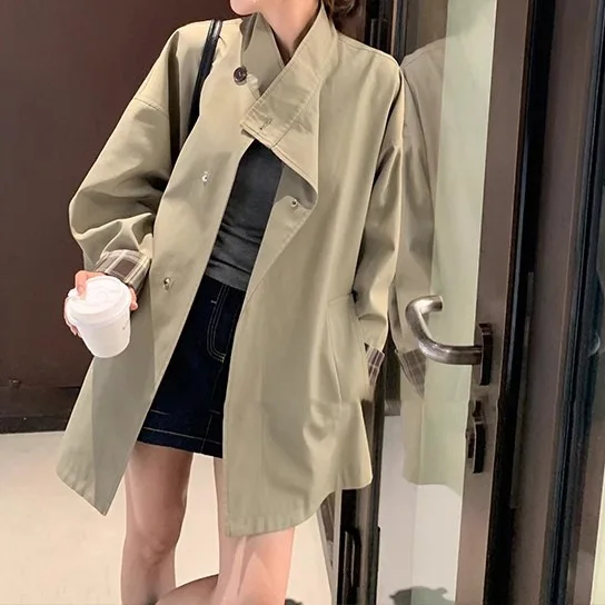 

Women Stand Up Collar Trench Autumn Cotton Fashionable Long Sleeve Streetwear Medium Long Windbreaker Coat Outerwear