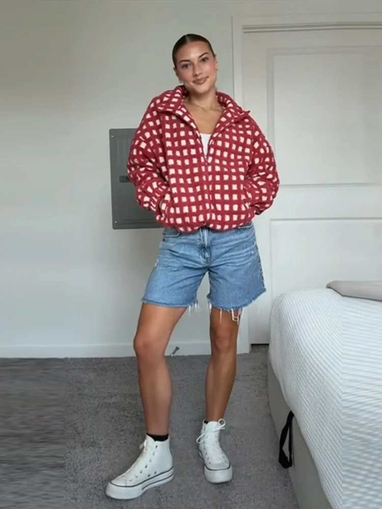 Fashion Plush Plaid Women's Jackets Coat Stand Collar Zipper Thicken Full Sleeve Coats Female Autumn Winter Lady Streetwears