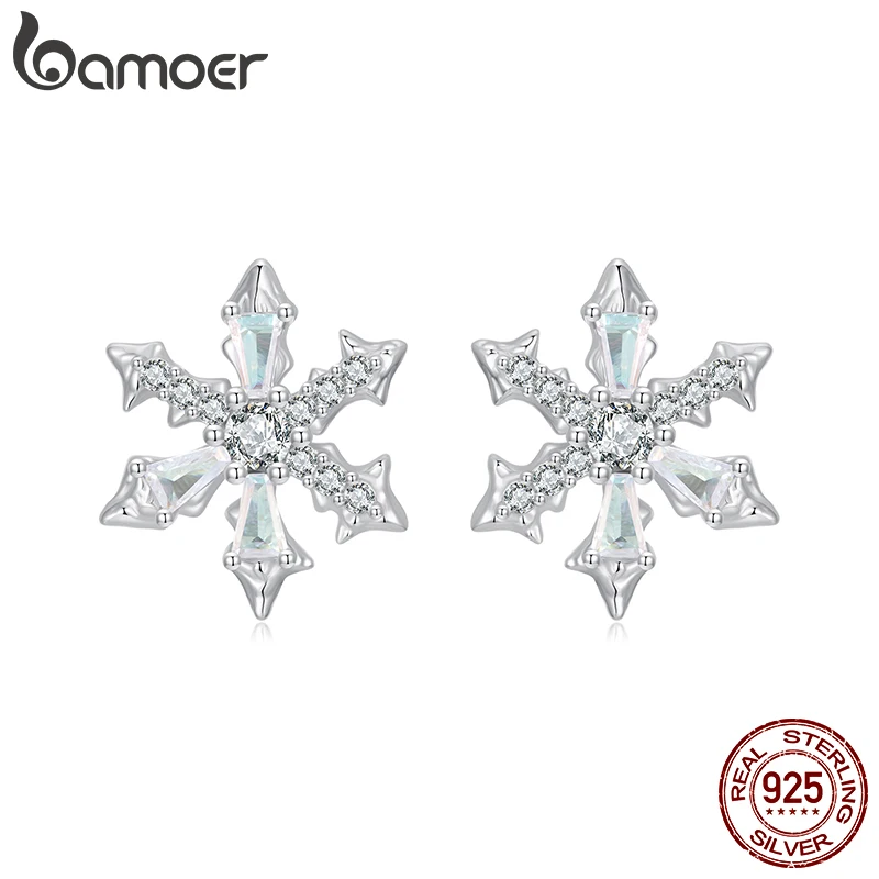 

BAMOER 925 Sterling Silver Snowflake Earrings, Sparkly Winter Snowflake CZ Christmas Stud Earrings Gifts for Women BSE1132