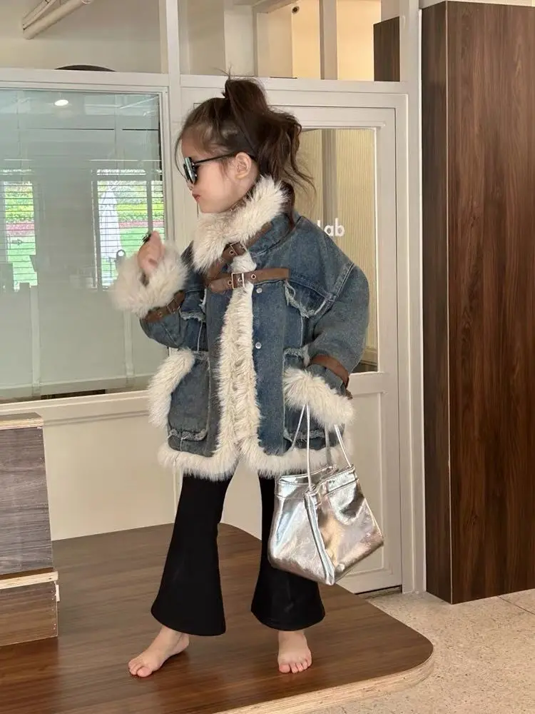 Girls Blue Fur Coat Autumn and Winter 2024 New Korean Version Children Fashion Cashmere Girls Denim Clothes Warm Jacket