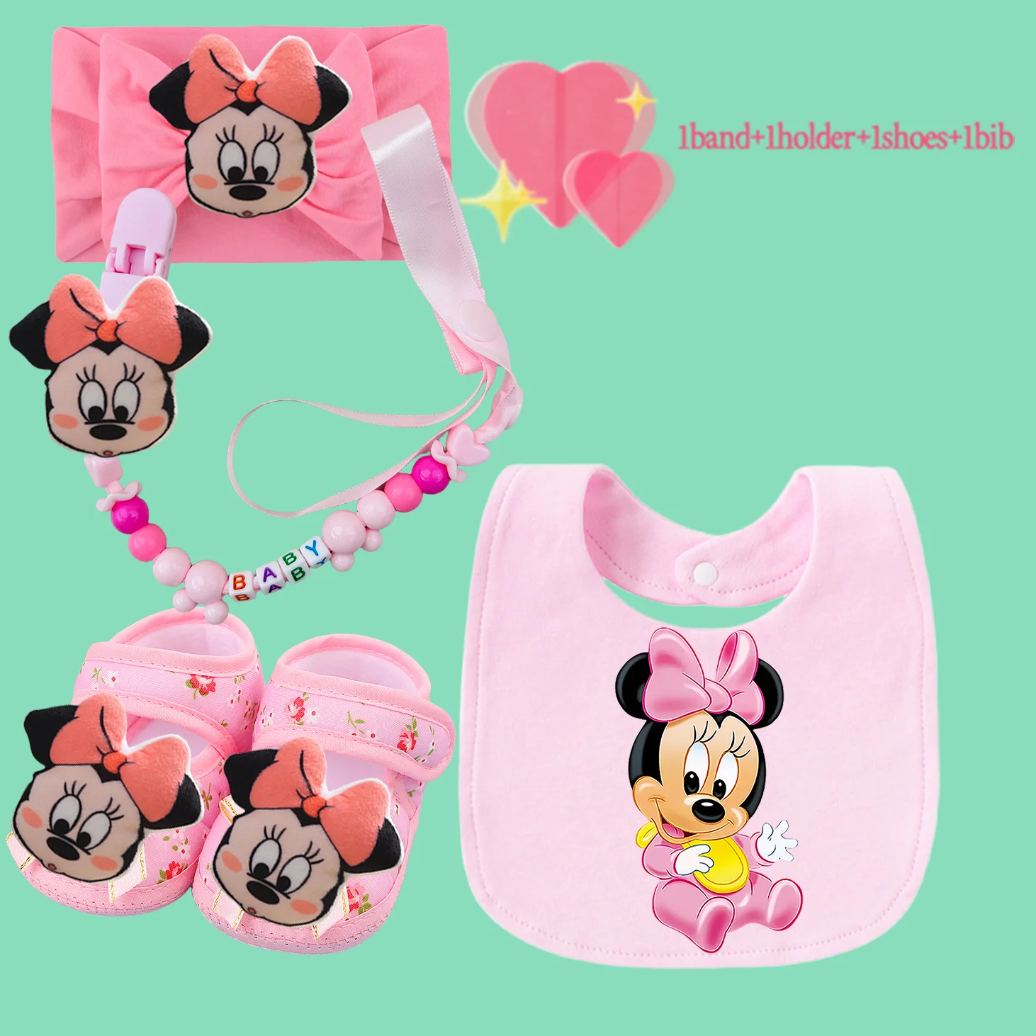 

4 sets of cute baby wipes children's feeding chain clips baby shoes newborn hair bands baby burp cloths and fashionable gift set