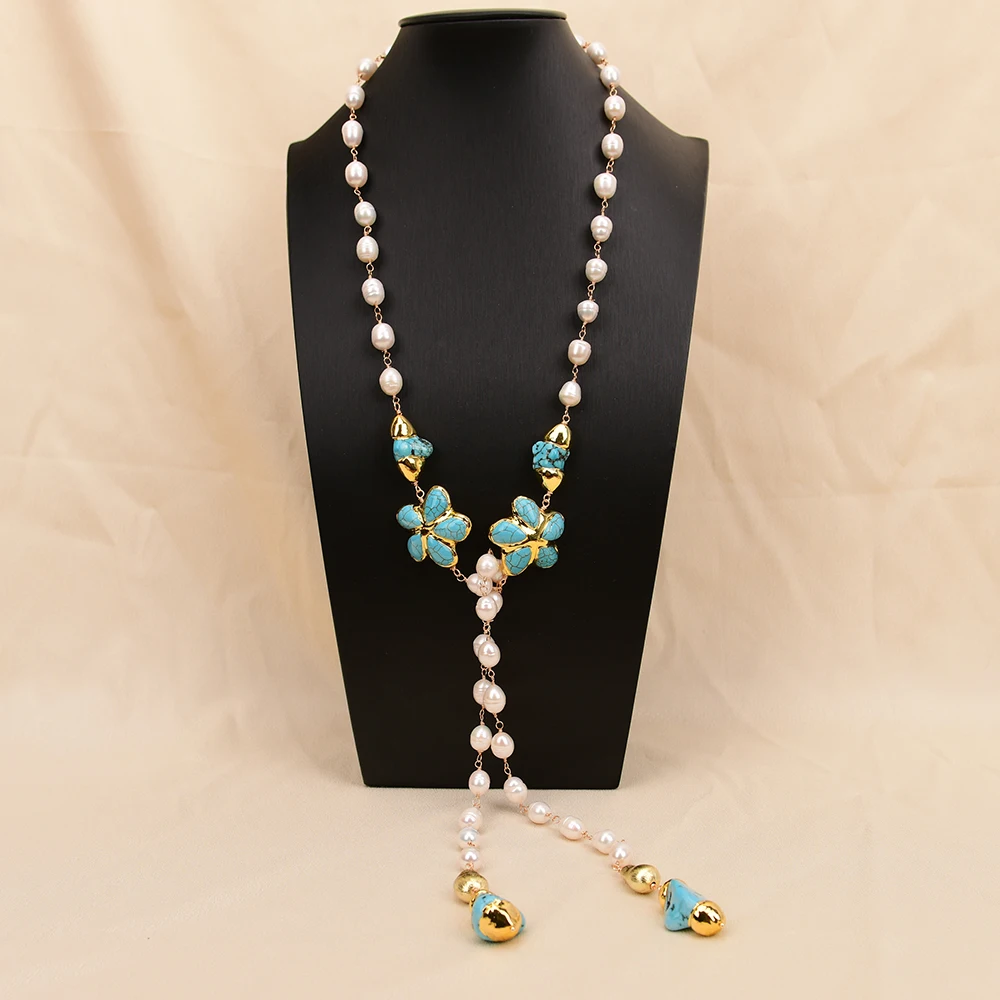 G-G 46'' Natural Cultured White Rice Pearl Blue Turquoise Flower Nugget Long Necklace Women Jewelry Gifts