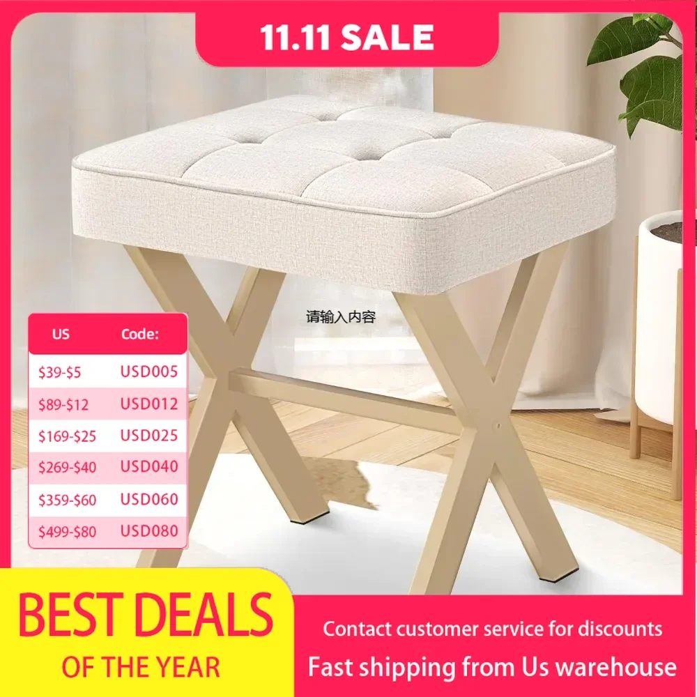 

Footstool, fabric mat dressing stool with mated metal X feet, small makeup stool, suitable for bedroom, living room, linen