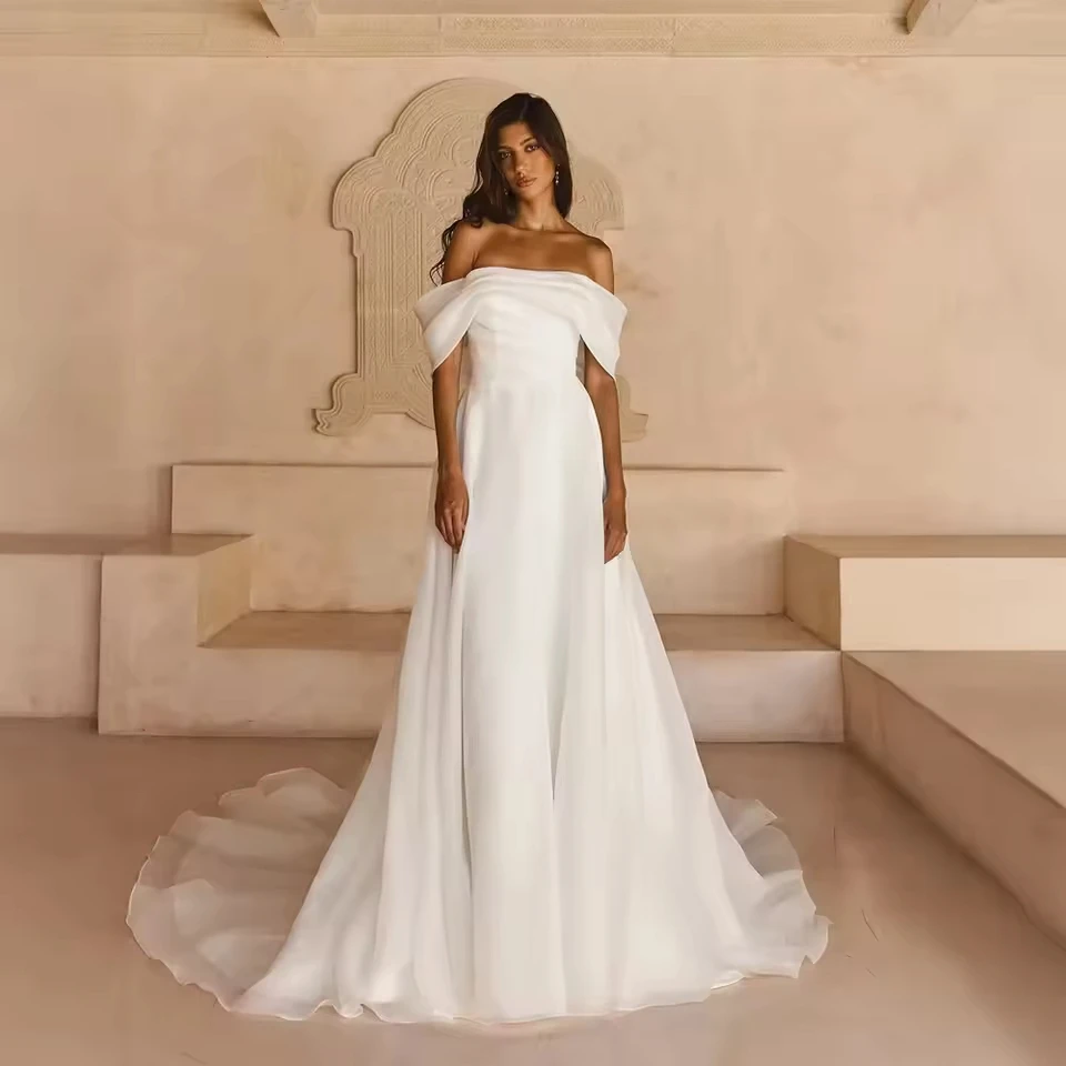 

Off Shoulder Tulle Wedding Dresses for Bride Long Ruched A Line Prom Dress Ball Gown