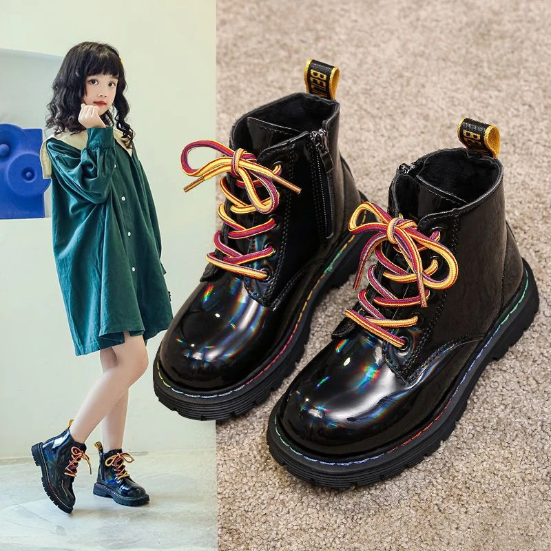 Kids Fashion Leather Waterproof Boots for Boys Girls Autumn Winter New Rainbow Color Glossy Plus Warm Boots Children Ankle Boots
