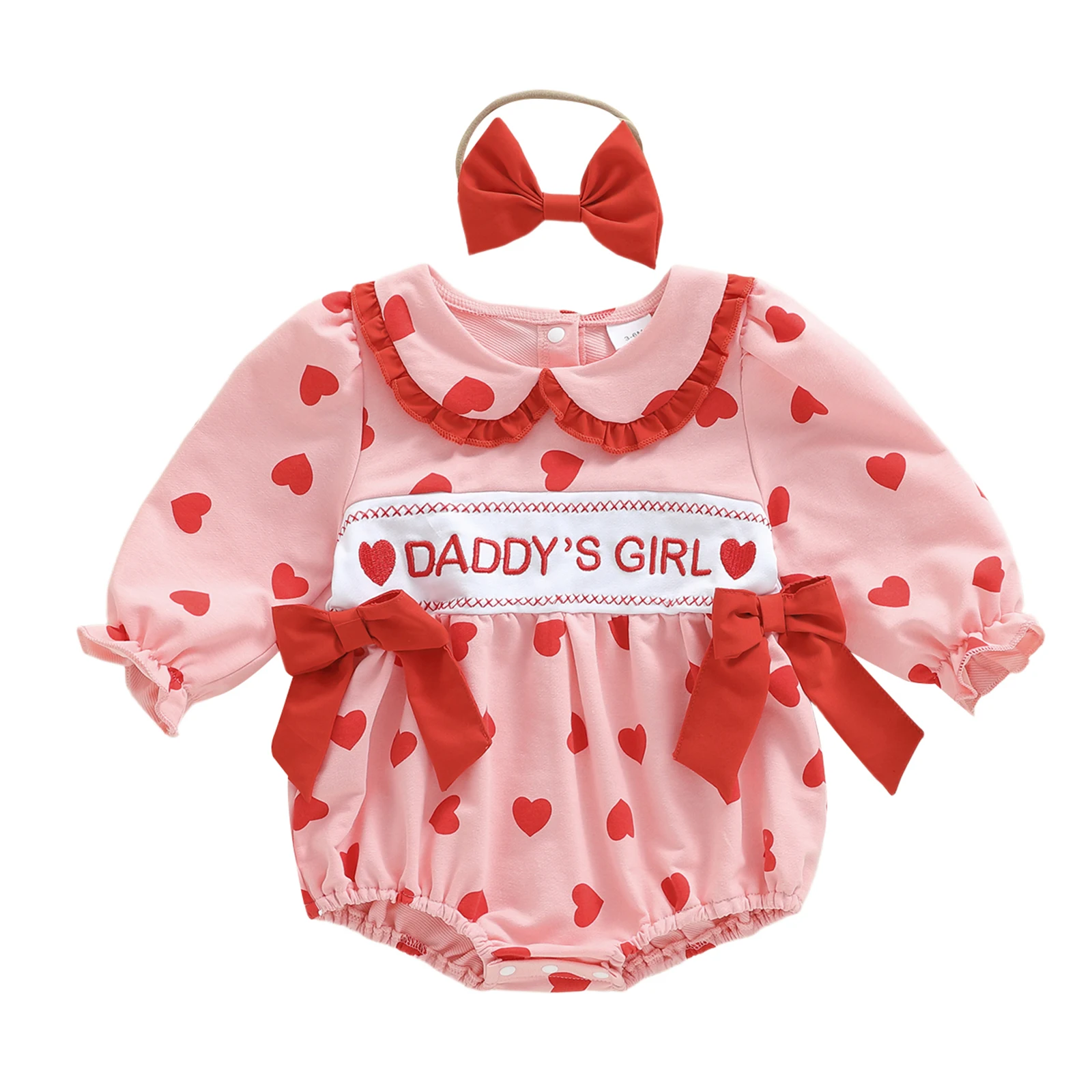 

Наряд на День святого Валентина для маленьких девочек, комбинезон с длинными рукавами и принтом сердца, кукольный воротник, повязка на голову с бантом, комплект из 2 предметов