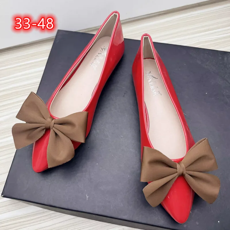 Lady Stunning Flats Brown Big Bow Mirror Shoes Patent Leather Ballet Slip-On Pinkish Grey Black Plus Size 32-48 27cm Hand Made