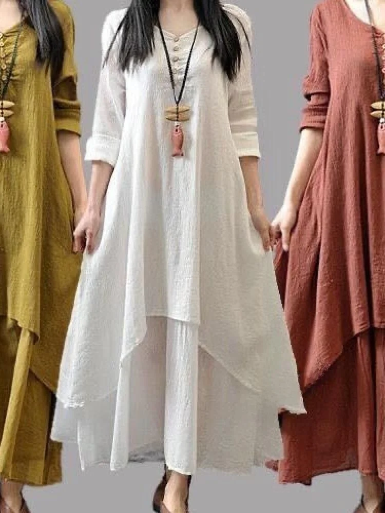 ชุดเดรสผ้าฝ้ายลินินสองชิ้นสำหรับผู้หญิง สไตล์หลวม ใส่สบาย ช่วยพรางหุ่น ไซส์ใหญ่ ลายศิลปะพื้นเมือง แขนยาว เหมาะสำหรับฤดูใบไม้ผลิและฤดูร้อน