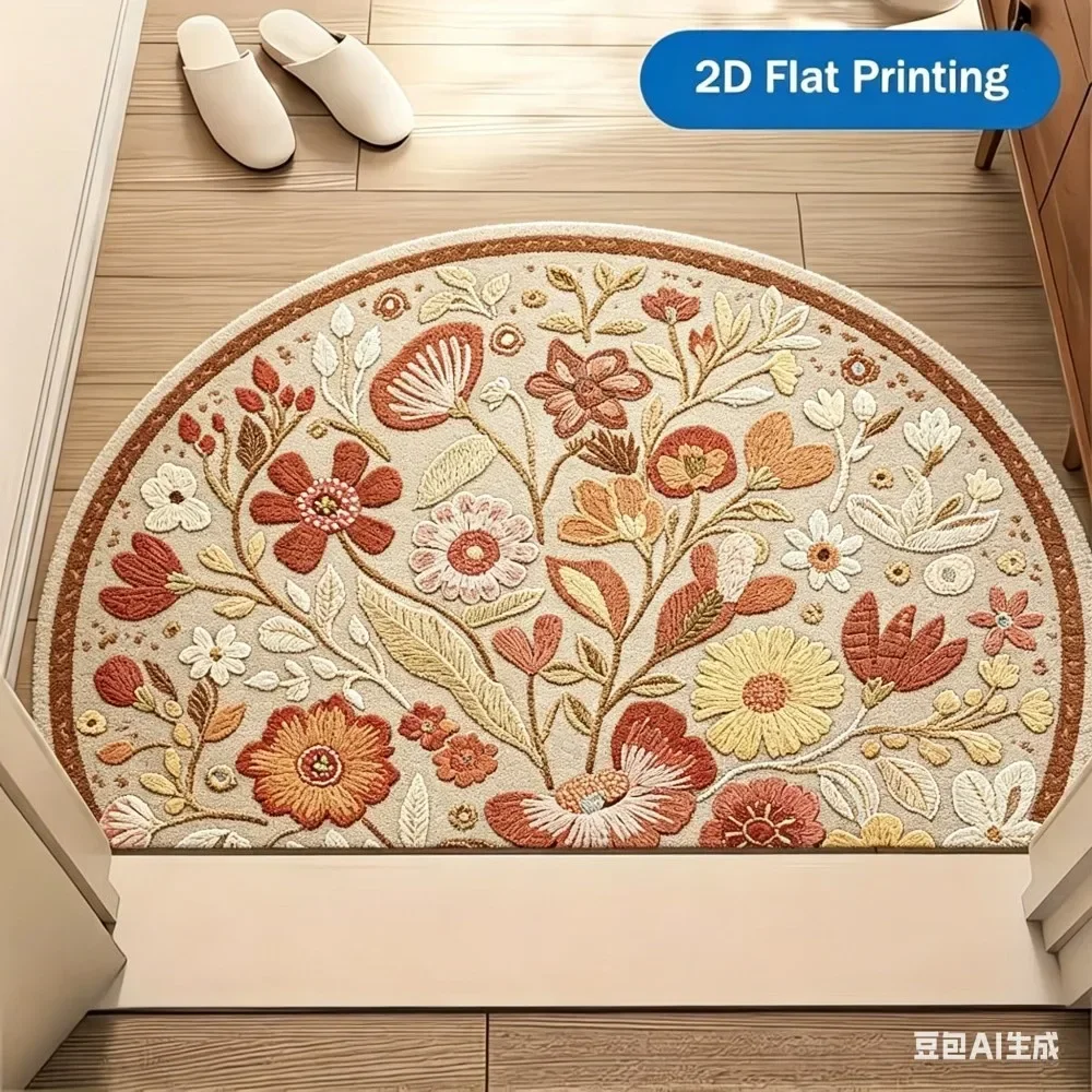 Vibrant Flower Semicircular Welcome Mat Aesthetic Half Moon Entrance Rug Non Slip Washable Floor Carpet Front Door Decor