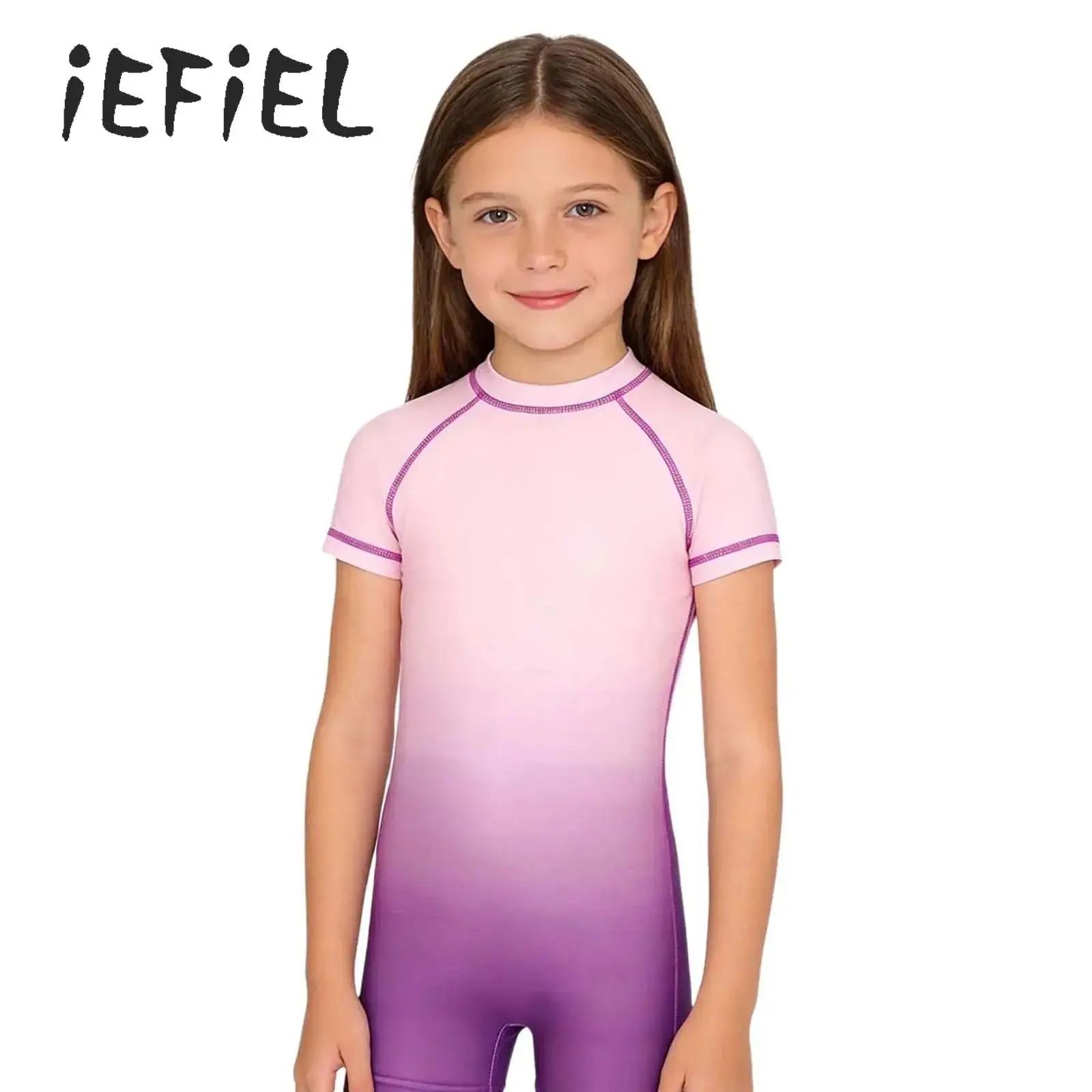 

Kids One Piece Swimwear Girls Gradient Color Swimsuit Mock Neck Short Sleeve Zipper Shorty Bathing Suit Summer Swimming Surfing