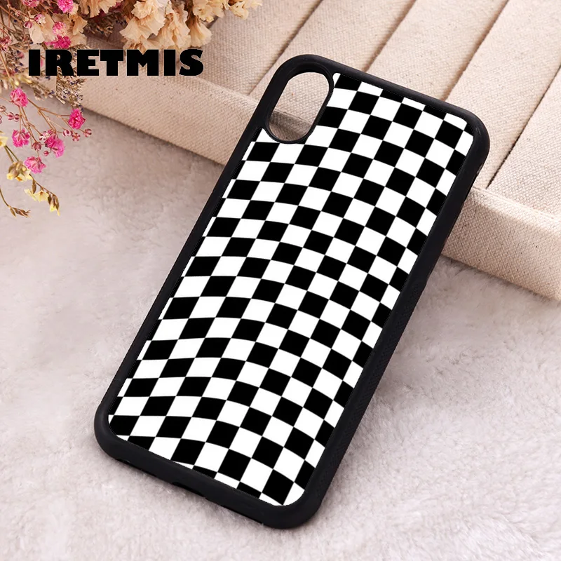 Iretmis phone cover cases for iphone 6 6S 7 8 Plus X Xs Max XR 11 12 13 MINI 14 15 Pro Silicone Rubber TPU Checkered Flag