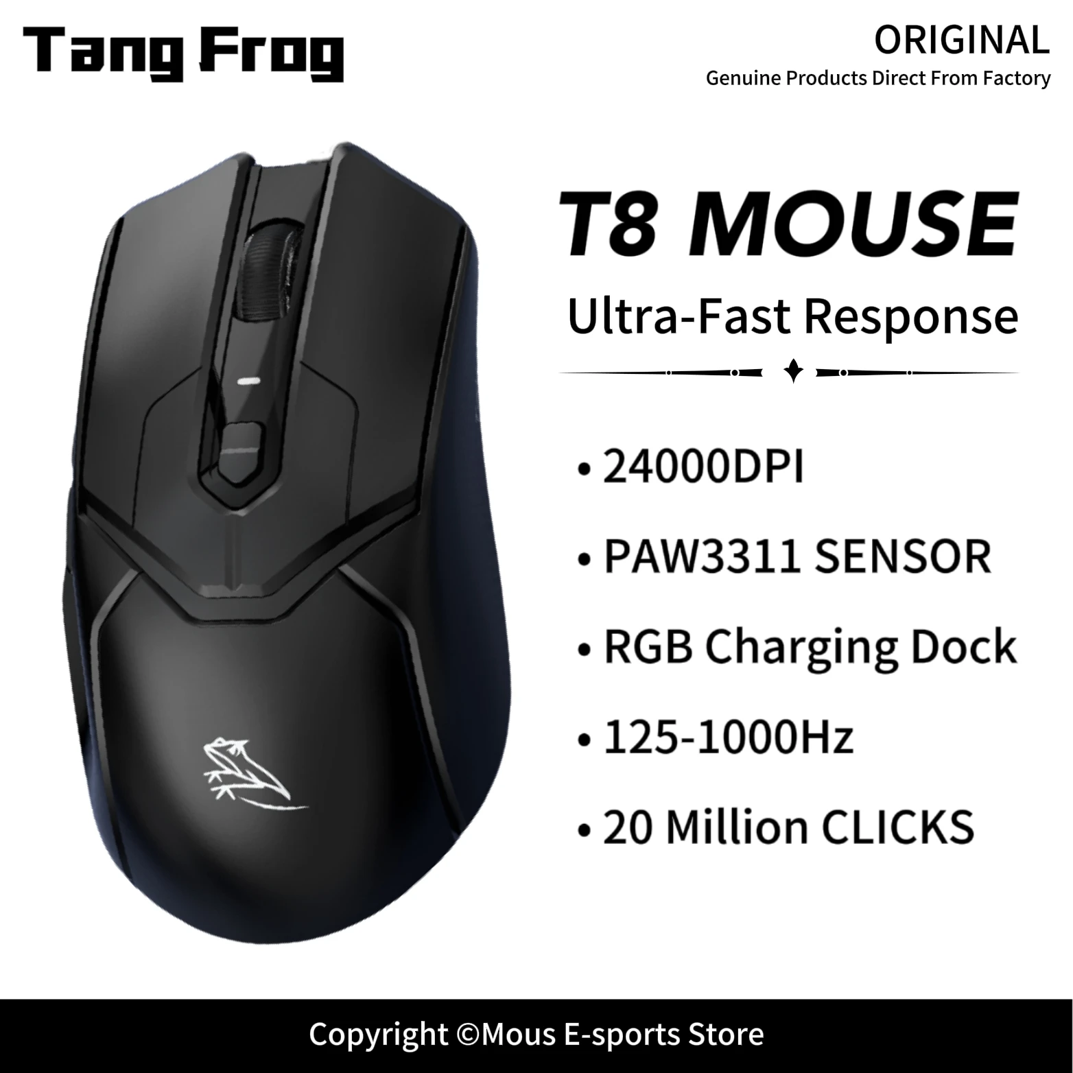 T8 Tri-Mode Wireless Gaming Mouse TangFrog PAW3311 Optical Sensor 1000Hz Polling Rate RGB Charging Dock Lightweight Mouse