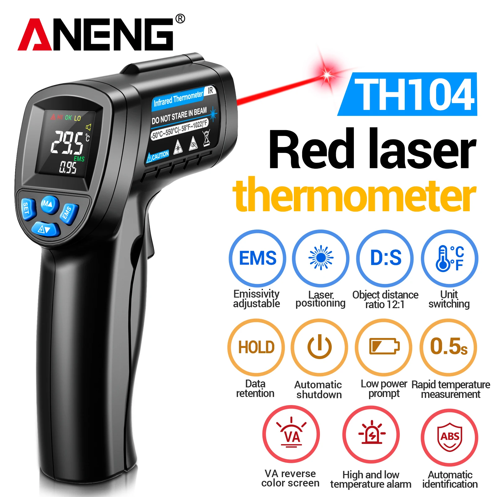 

Цифровой ИК-термометр ANENG TH104 с лазерным позиционированием, пирометр 50 ℃ до 550 ℃ Термометр для промышленного и кухонного обслуживания