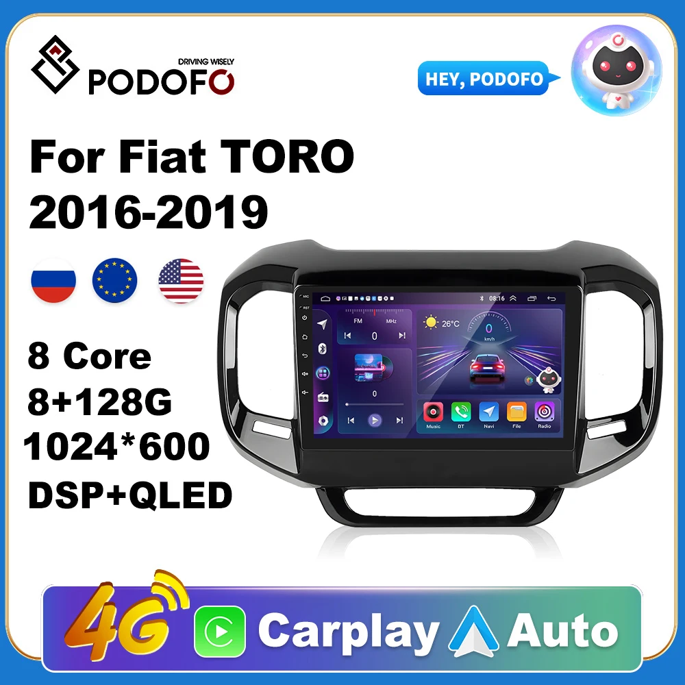 Podofo Wireless CarPlay Andorid Auto Car Radio For Fiat TORO 2016-2019 Multimedia GPS 2din autoradio no 2Din DVD