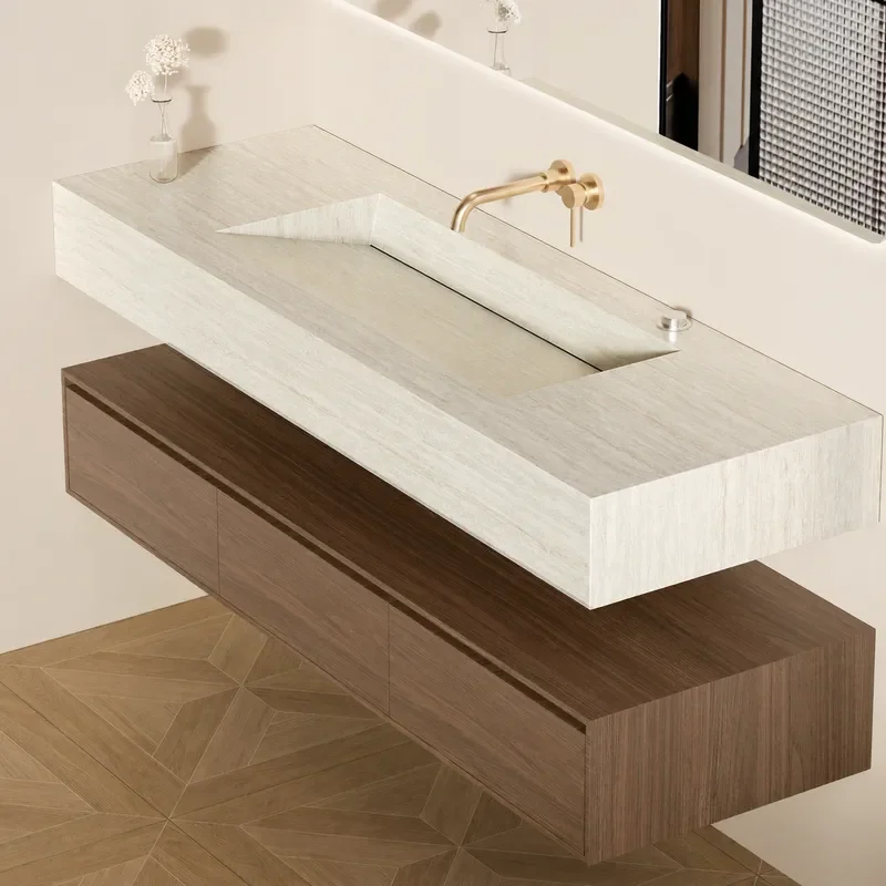 Travertine Stone Integrated Basin Bathroom Vanity Cabinet Medium Antique Solid Wood Washstand Custom Hand Washbasin Combo