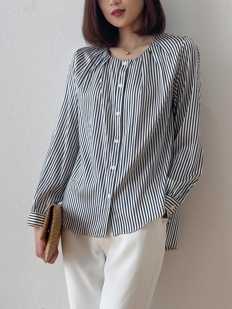 Workplace Style 19MM 93%Natural Mulberry Silk Elastic Plain Satin Round Neck Long Sleeved Black and White Vertical Stripe Shirt