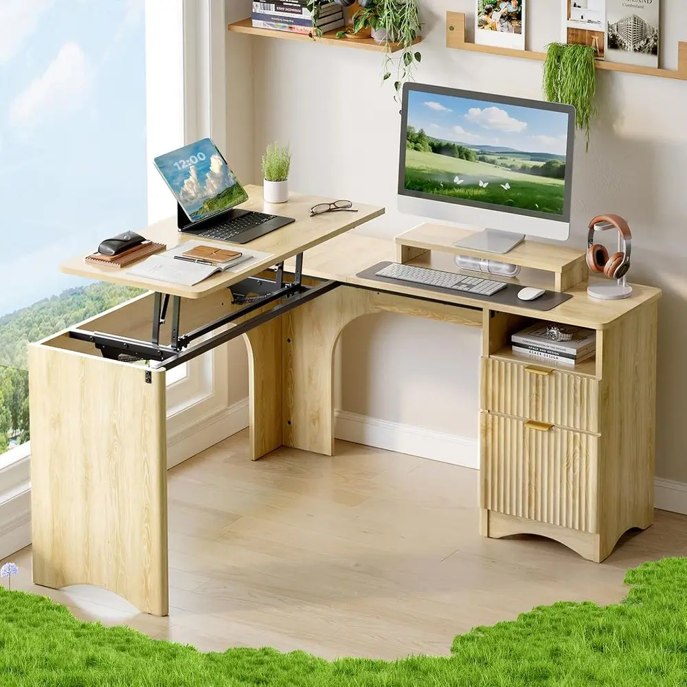 L-Shaped Desk with Illuminated Surface, 55 Manual Sit-Stand Desk featuring Dual Drawers, Power Outlet, and Cable Management