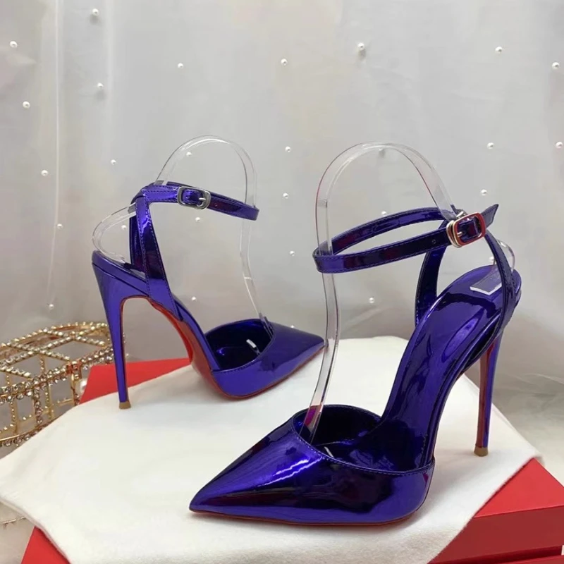 

Laser electric blue patent leather hollow out sexy thin heel straight strap women's sandals banquet nightclub super high heels