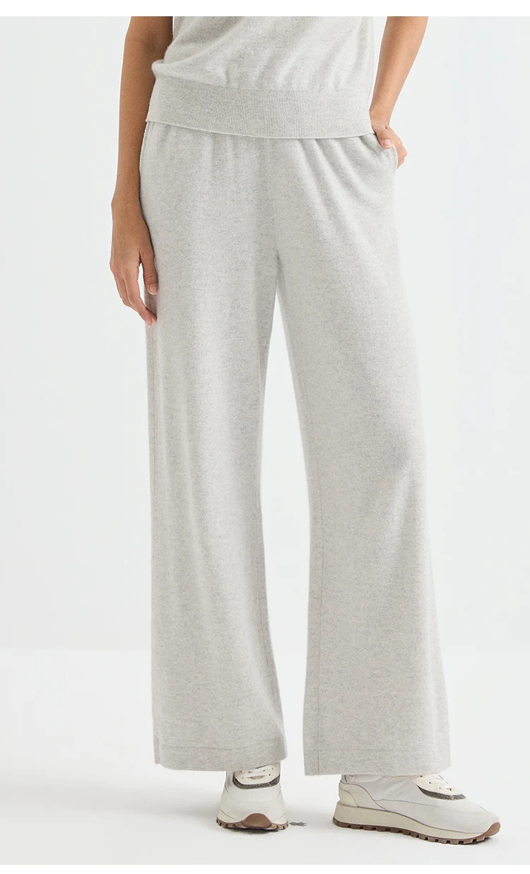 BY4621762 Damen 100% Kaschmir Weite Hose mit geripptem, elastischem Bund, Gesäßtasche, Kettenrand, entspannte Passform, Frühherbst – Detail 3