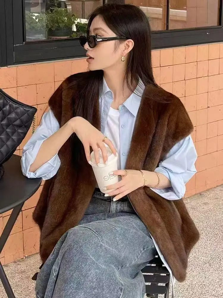 2025 outono e inverno feminino pele do falso recortado colete sem mangas feminino outerwear chique topos moda colete de pele quente