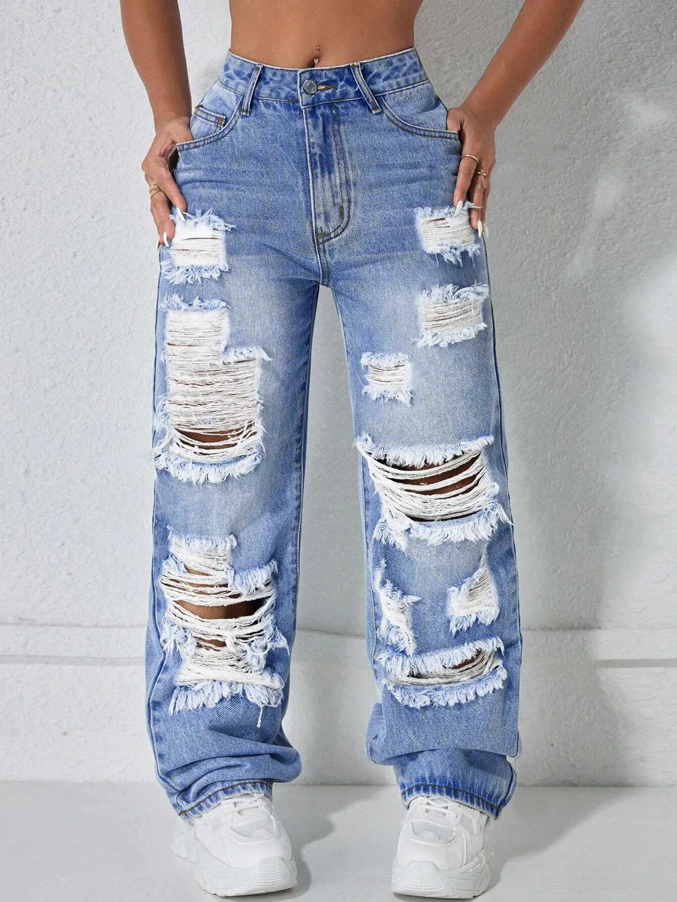 Versatile Casual Straight Leg Women's Jeans Trendy Hole Detail Comfortable Fit Pants