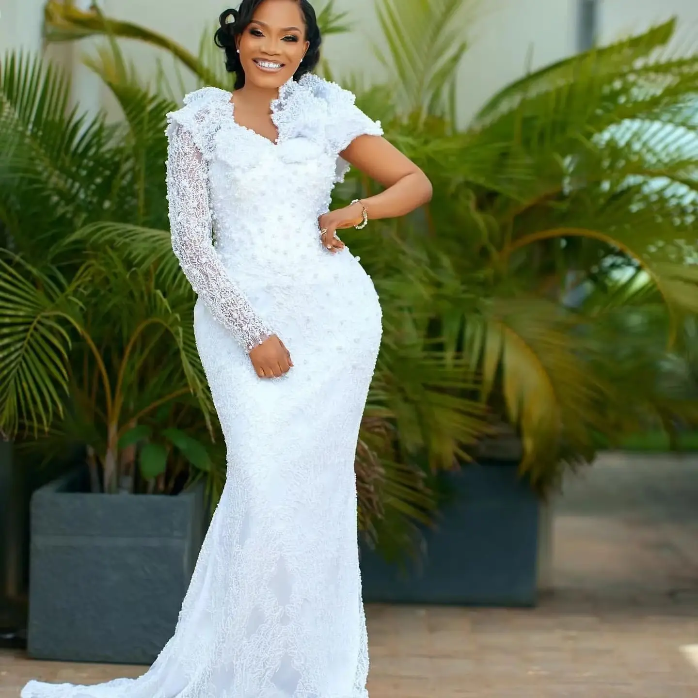 2026 Aso Ebi Plus Size White Mermaid Wedding Dresses Lacefull Pearls Full Sleeves Bridal Gowns Dress Vestidos De Novia