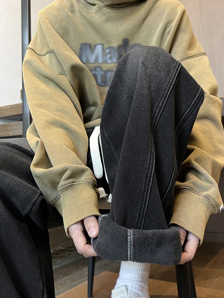 

Thiened Fce Men's Denim Jeans Autumn Winter Straight Leg Banana Pants High Street American Design Knife Cuff