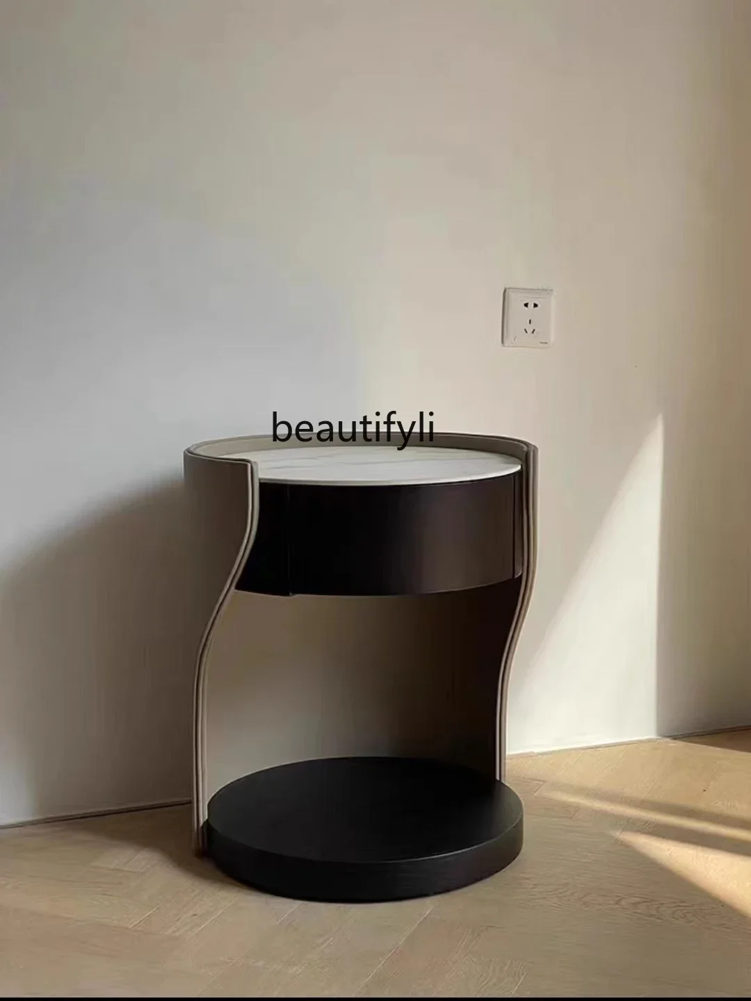 

zxqItalian Minimalist Western Leather Solid Wood round Stone Plate Bedside Table Light Luxury Bedroom Designer Bedside Cabinet