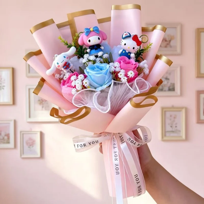 Genuine Sanrio Characters Hello Kitty Kulomi Melody With Artificial Flower Creative Bouquet Christmas Valentine Birthday Gifts